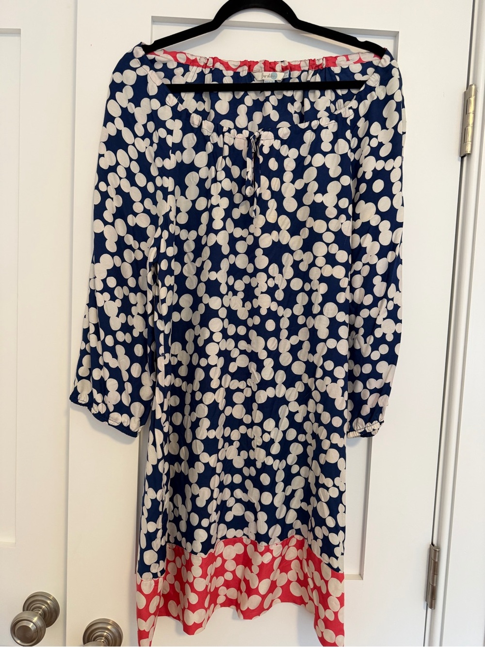 Polka Dot Navy and White Midi Dress/Cover- up with bright red polka dot hem